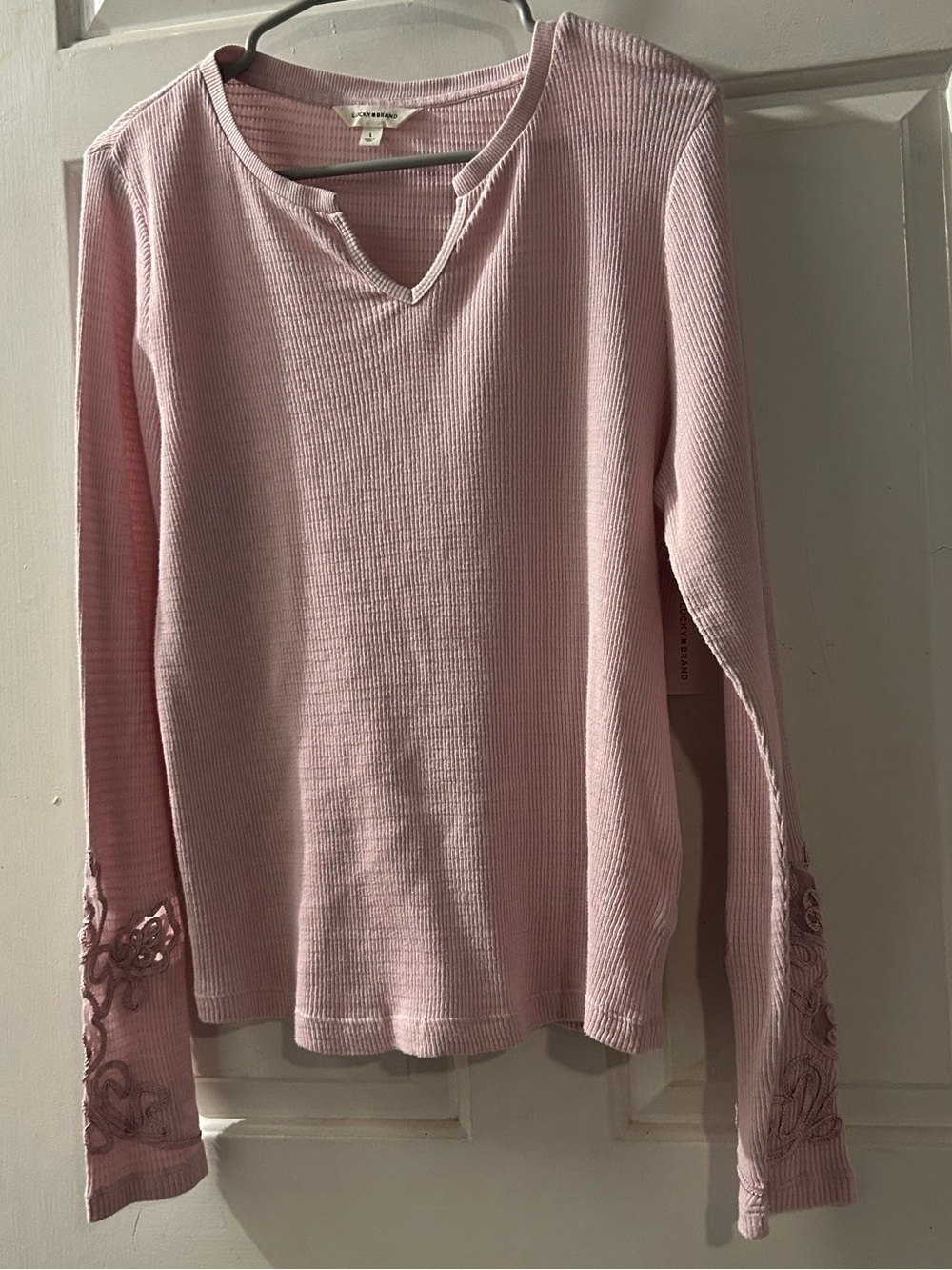 Lucky Brand Light Pink Long-Sleeve Thermal Top with Embroidered Cuffs